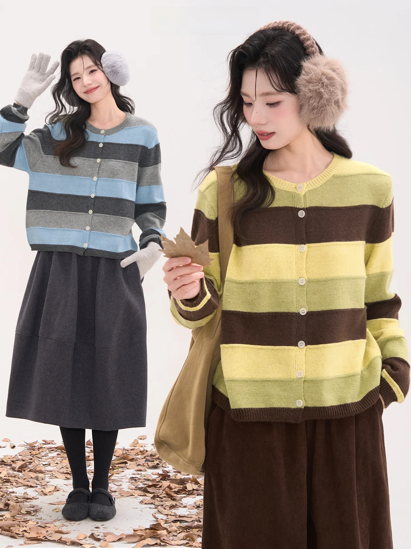 

Вязаный кардиган из смесовой шерсти Heme 0, повседневный, с круглым вырезом, длинными рукавами, в полоску, женский, зимний, для отдыха, модный, с цветочным узором