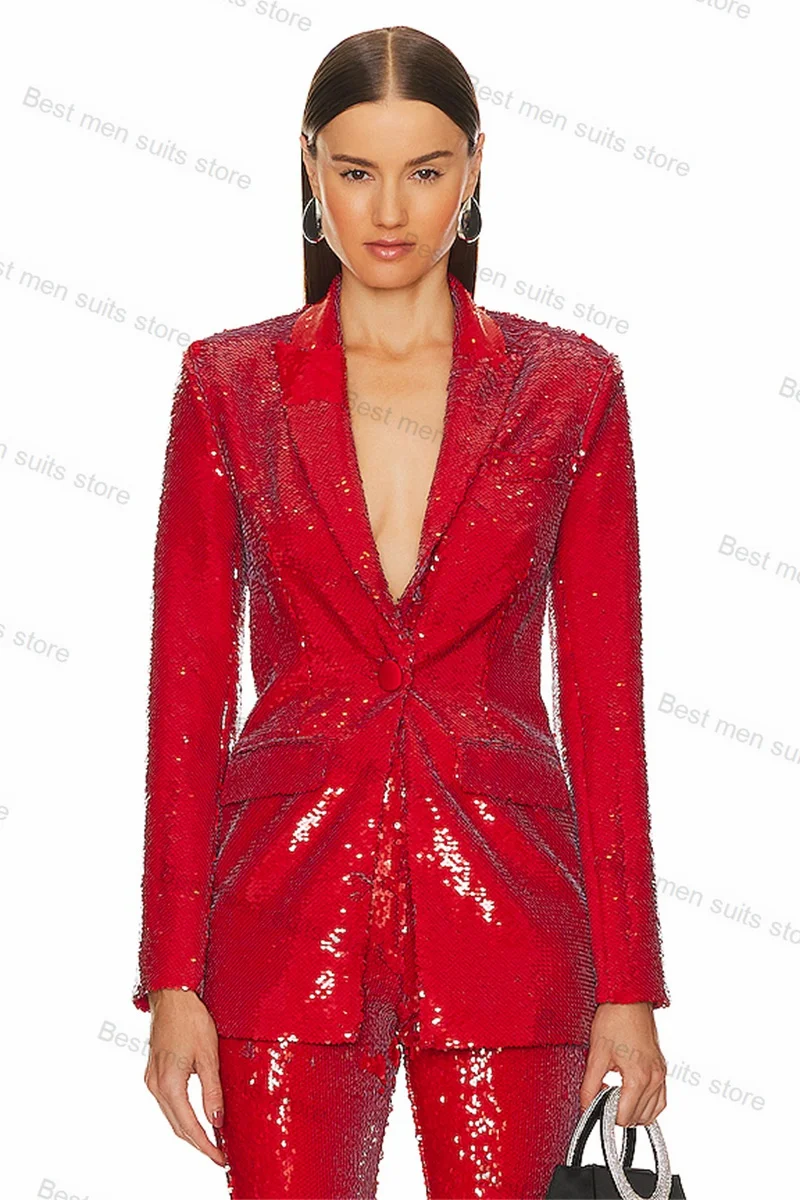 Red Sequins Women Suit Set 2 Piece Blazer+Pants Luxury Shiny Jacket Wedding Tuxedo Autumn Sexy V Neck Prom Coat Custom Made