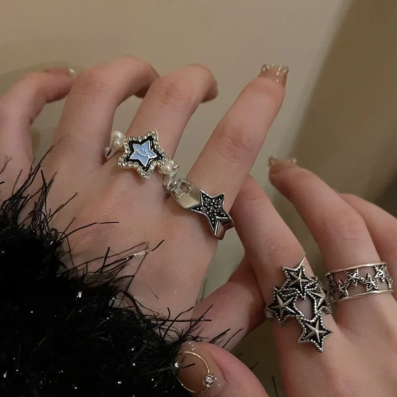 2024 Gothic Unisex Star Ring Set Punk Grunge Cross Star Woman Man Jewelry Hip Hop Party Street Ring Accessories New Gift