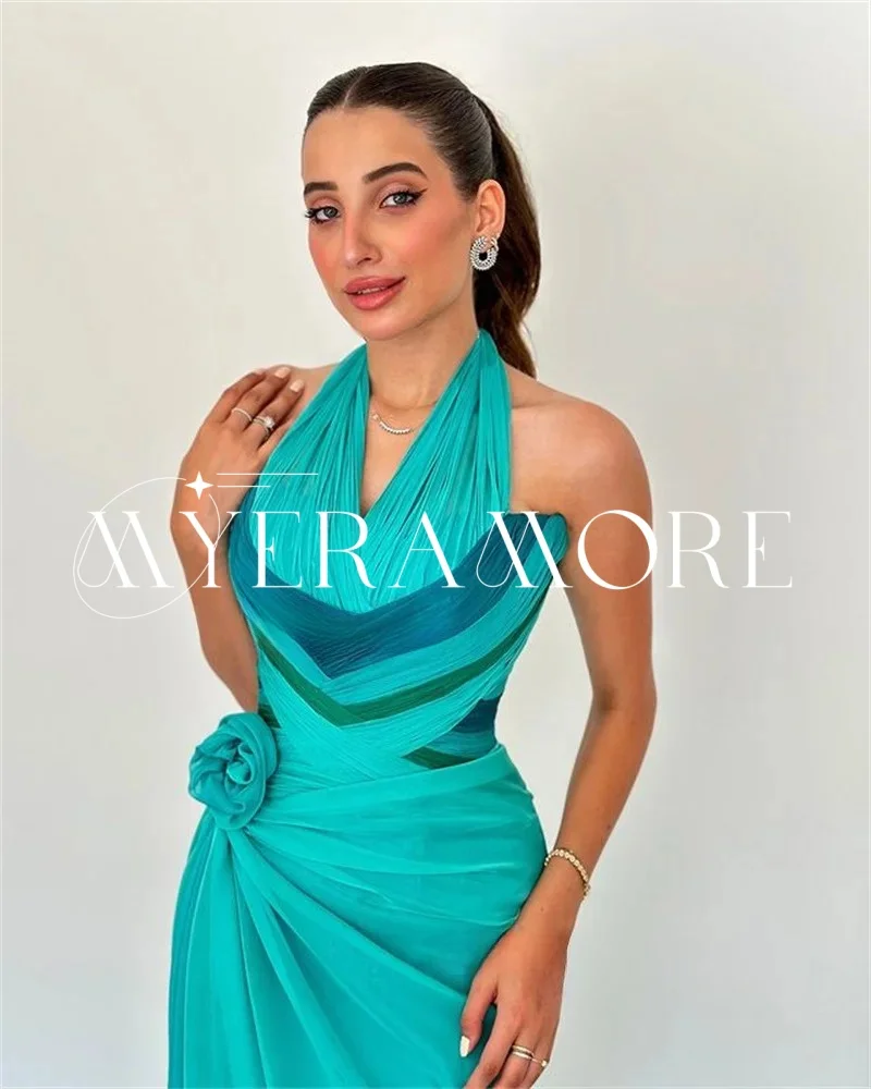 Robes de soirée modernes en mousseline de soie licou pour femmes sirène plis fleur balayage train robes de bal personnalisé فساتmavera