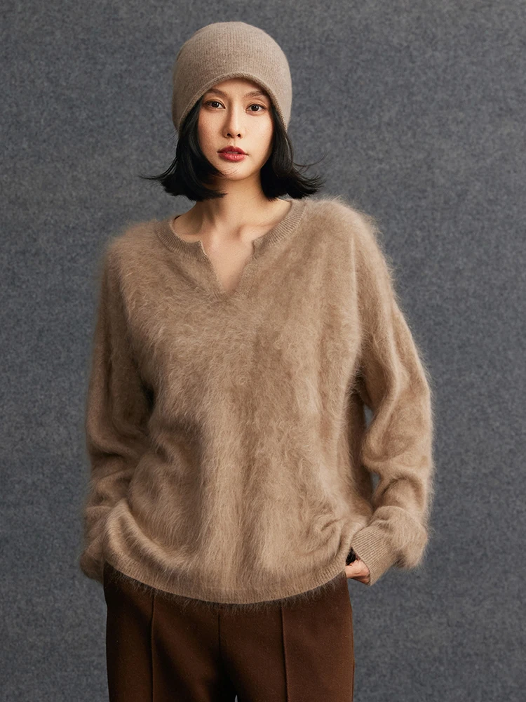 

TLOML New Women 100% Plush Cashmere Sweater V-neck Pullover Soft Warm High Quality Cashmere Knitwear Brushed Cashmere Knit Tops