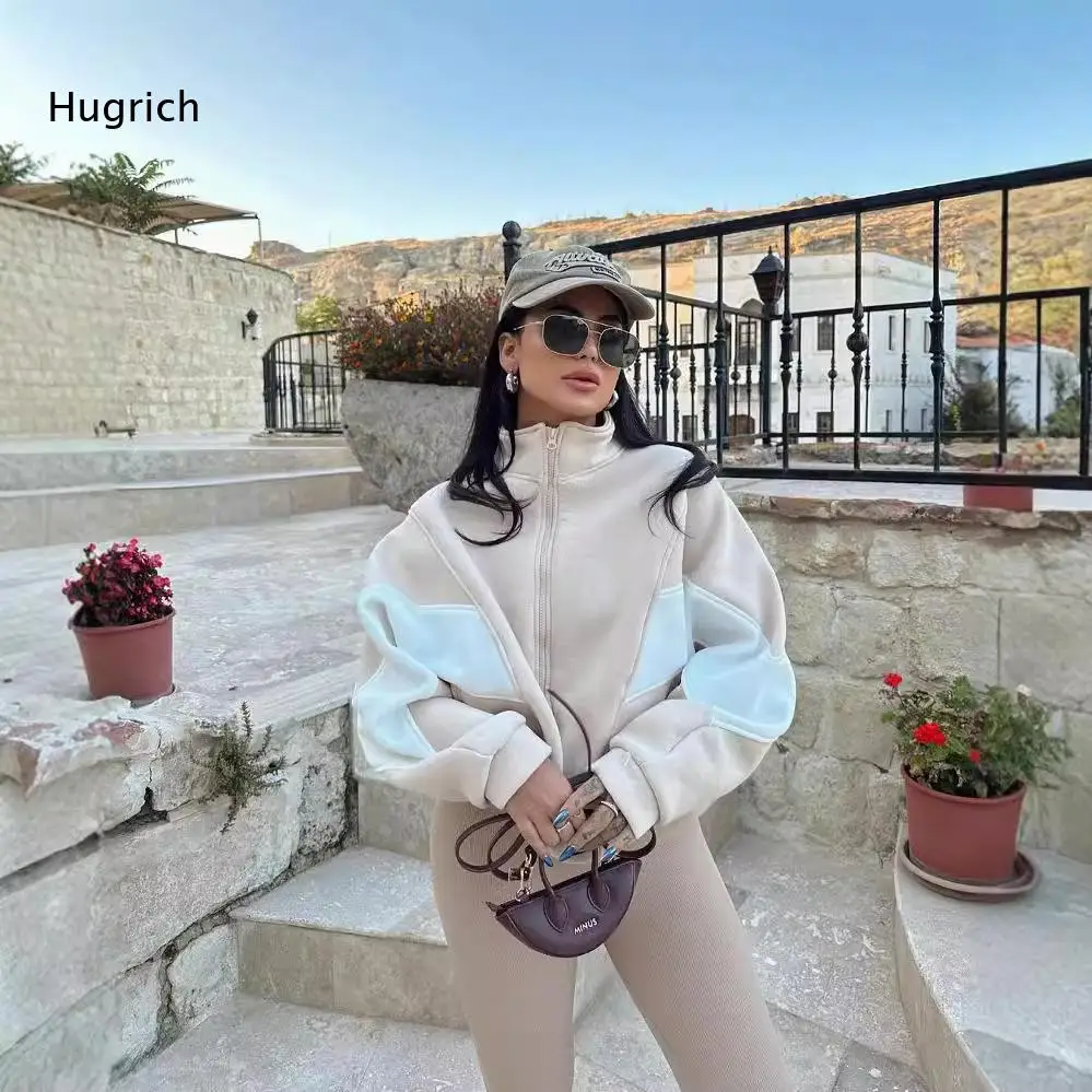 Stand Collar Zip Up Color Block Sweatshirt Jacket Loose Cropped Long Sleeve Side Pockets Casual Daily Outerwear For Women