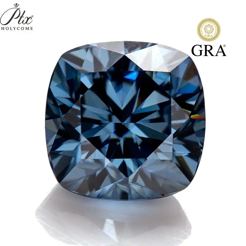 On Sale GRA Cushion Shape Certificated Vivid Blue Brilliant Cut Moissanite Diamond Test Positive Supplier Factory Price Diy Ring