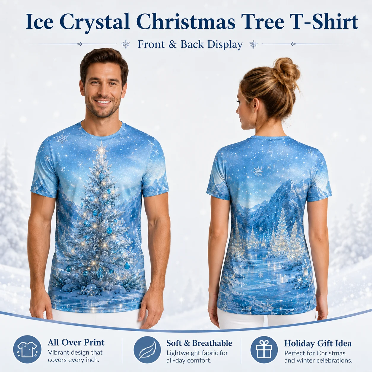 New Ice Crystal Christmas Tree T Shirt Glacier Aesthetic Winter Snow Unisex Short Sleeve Icy Blue Graphic Tee Xmas Gift