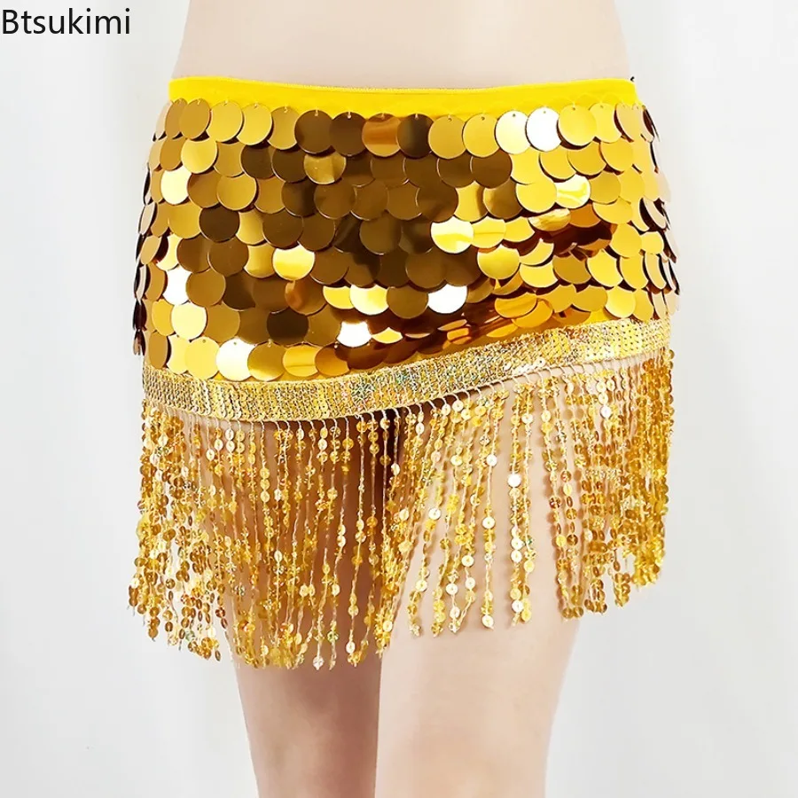 2025 Pailletten-Bauchtanz-Kostüm für Damen, Taillenschal, sexy Chiffon-Rock, Pailletten, Taillenkette, Quastengürtel, Clubwear, Damenrock