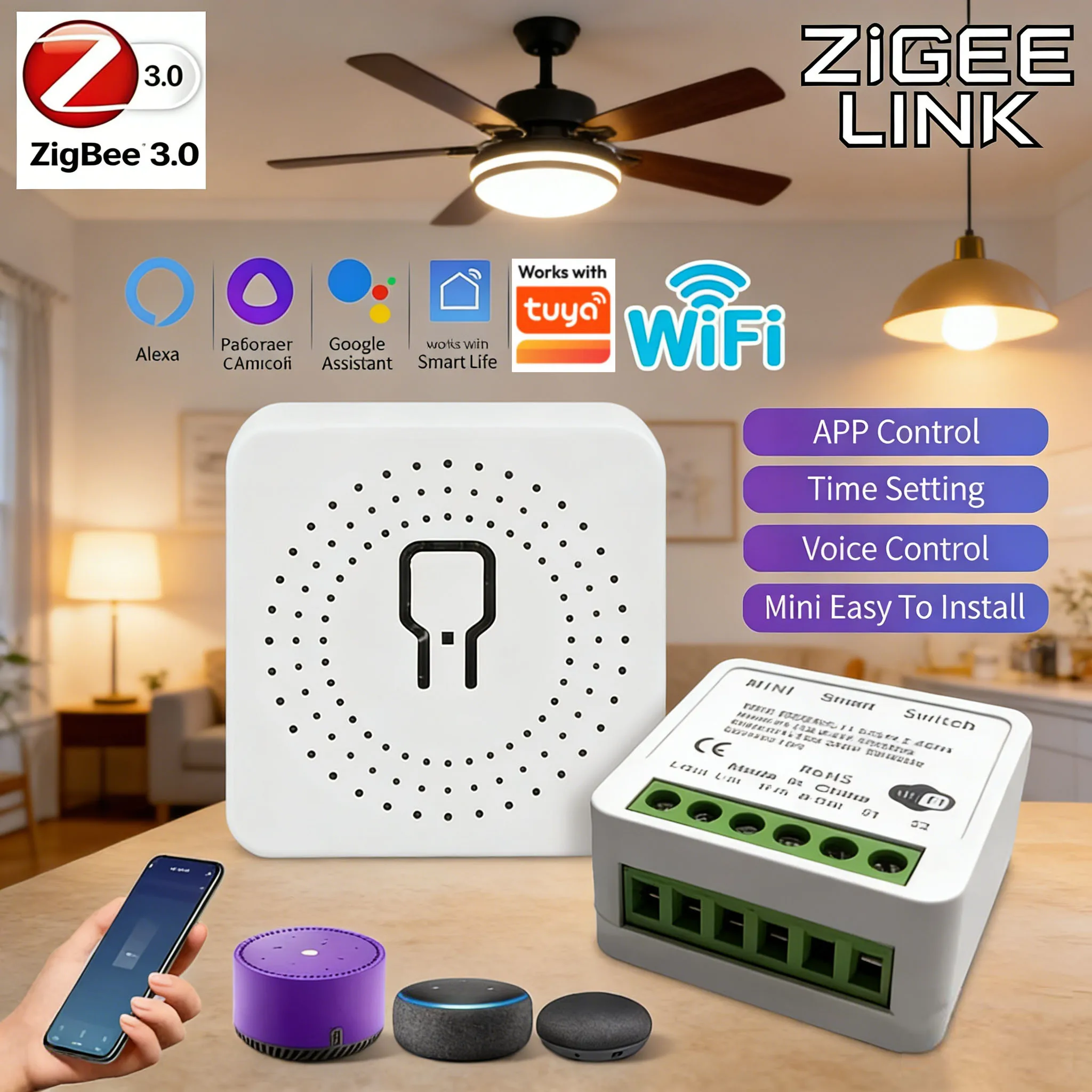 ZigBee Wifi Smart Light Switch Mini 16A/20A Relay for TUYA Alexa Google Timer Function 2-Way Control Breaker Home Automation