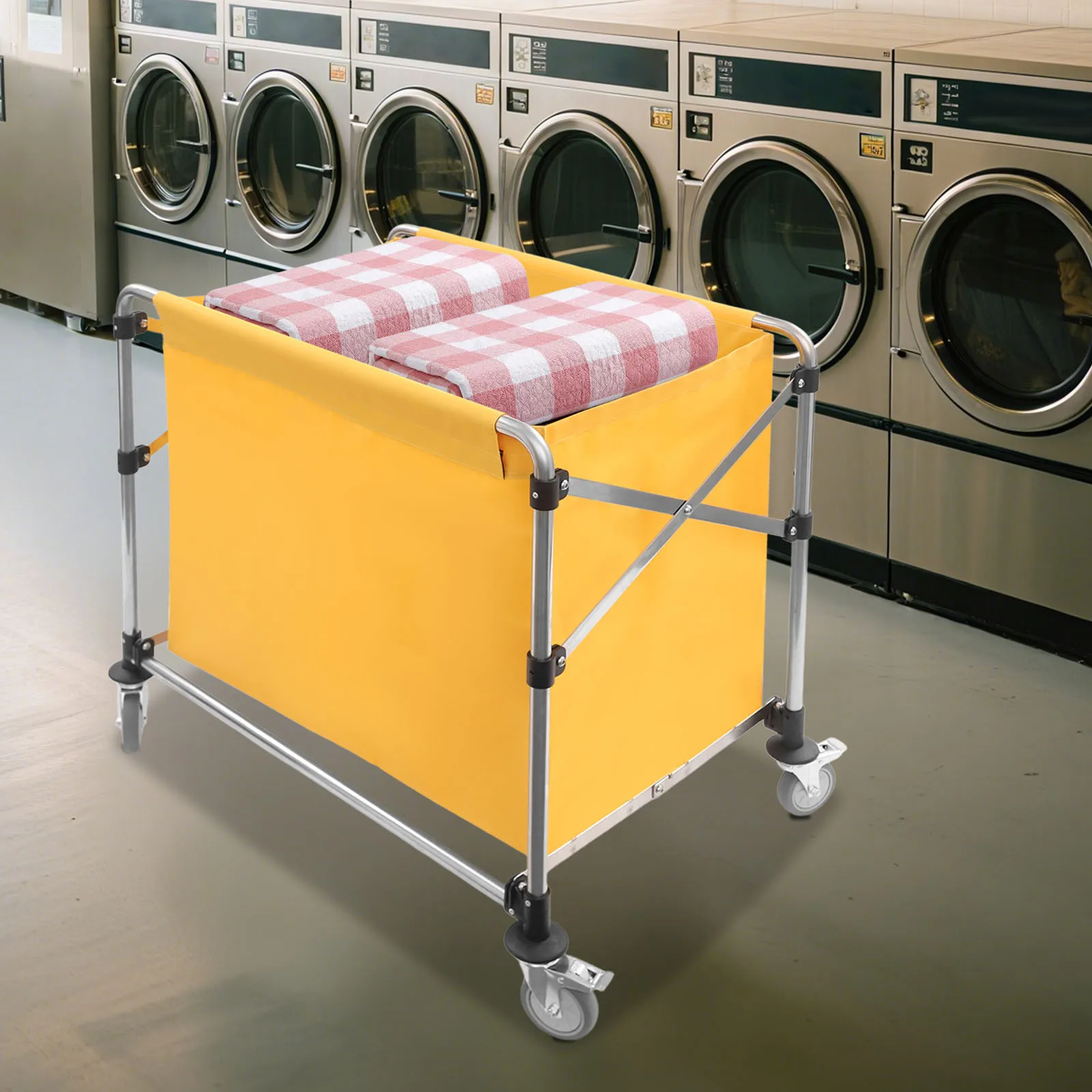 

Складная коммерческая тележка для белья с колесами, желтая, вместимость 100 кг, прочная корзина на колесиках, складной сортировщик белья