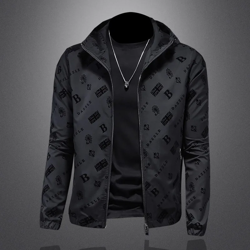 

Men's Autumn Trendy Jacket Hooded Casual Outerwear Dark Floral Patterned Slim Fit Korean Style Youth Fashion Top Men's Wear