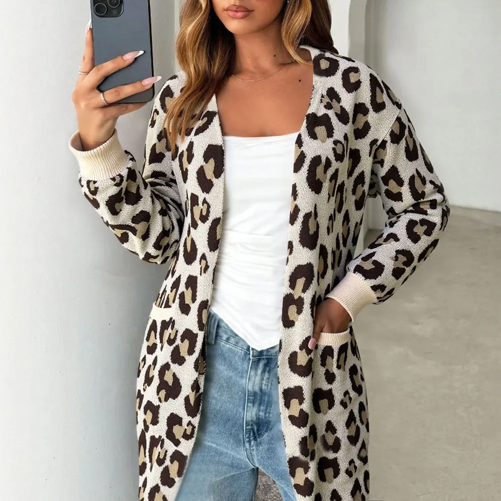 Autumn Winter Leopard Print Open Cardigan Long Knitted Sweater Women's Fashion Outerwear