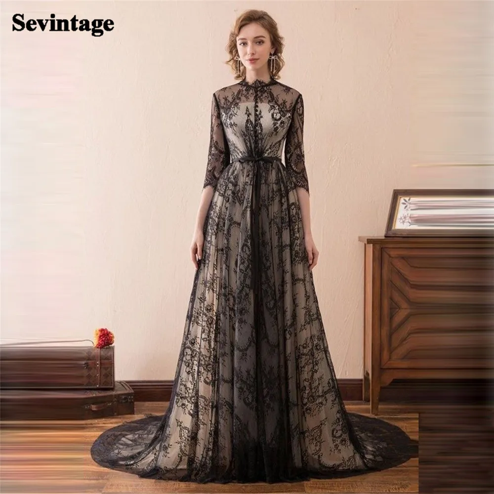 

Sevintage Elegant Black Lace Prom Dress A-Line Half Sleeves Floor Length Ruched Sweep Train Evening Dress vestido de gala 2024