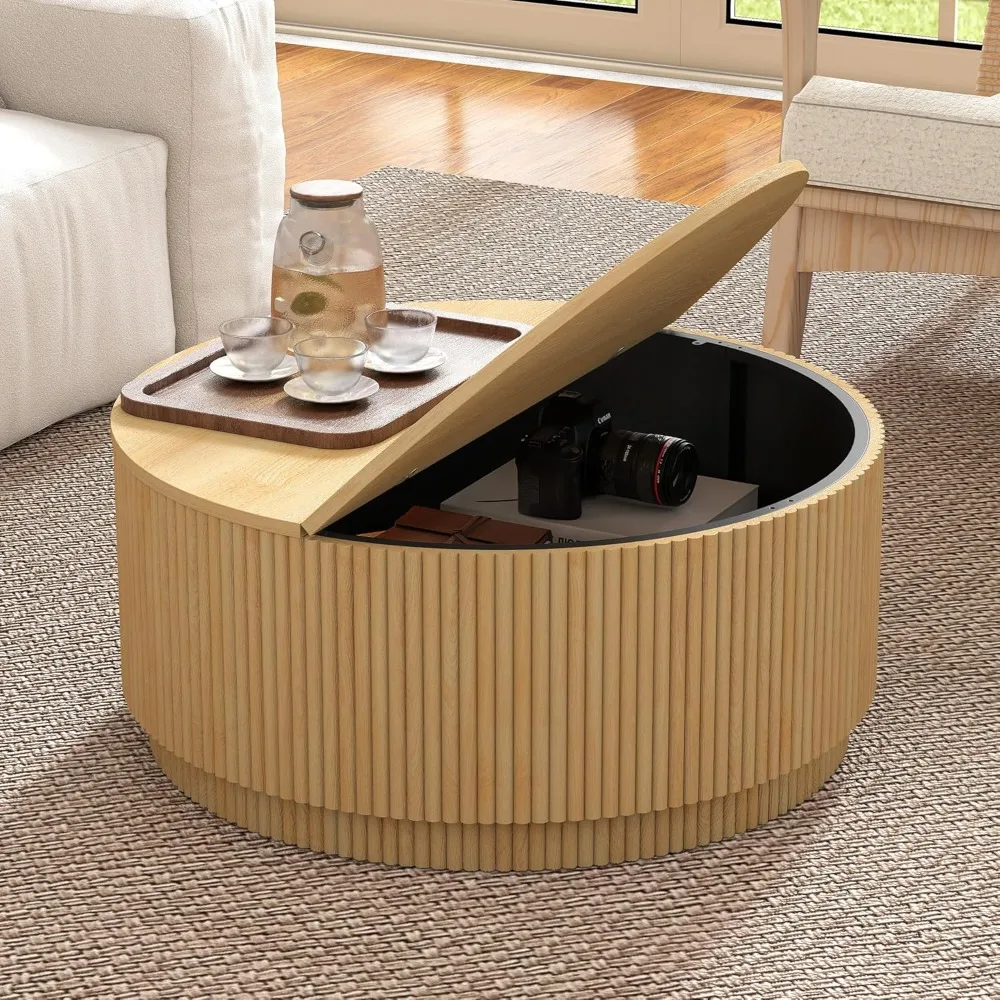 

31.5 Round Coffee Table with Storage, Boho Coffee Tables with Fluted Base, Wooden Circle Accent Center Table for Living