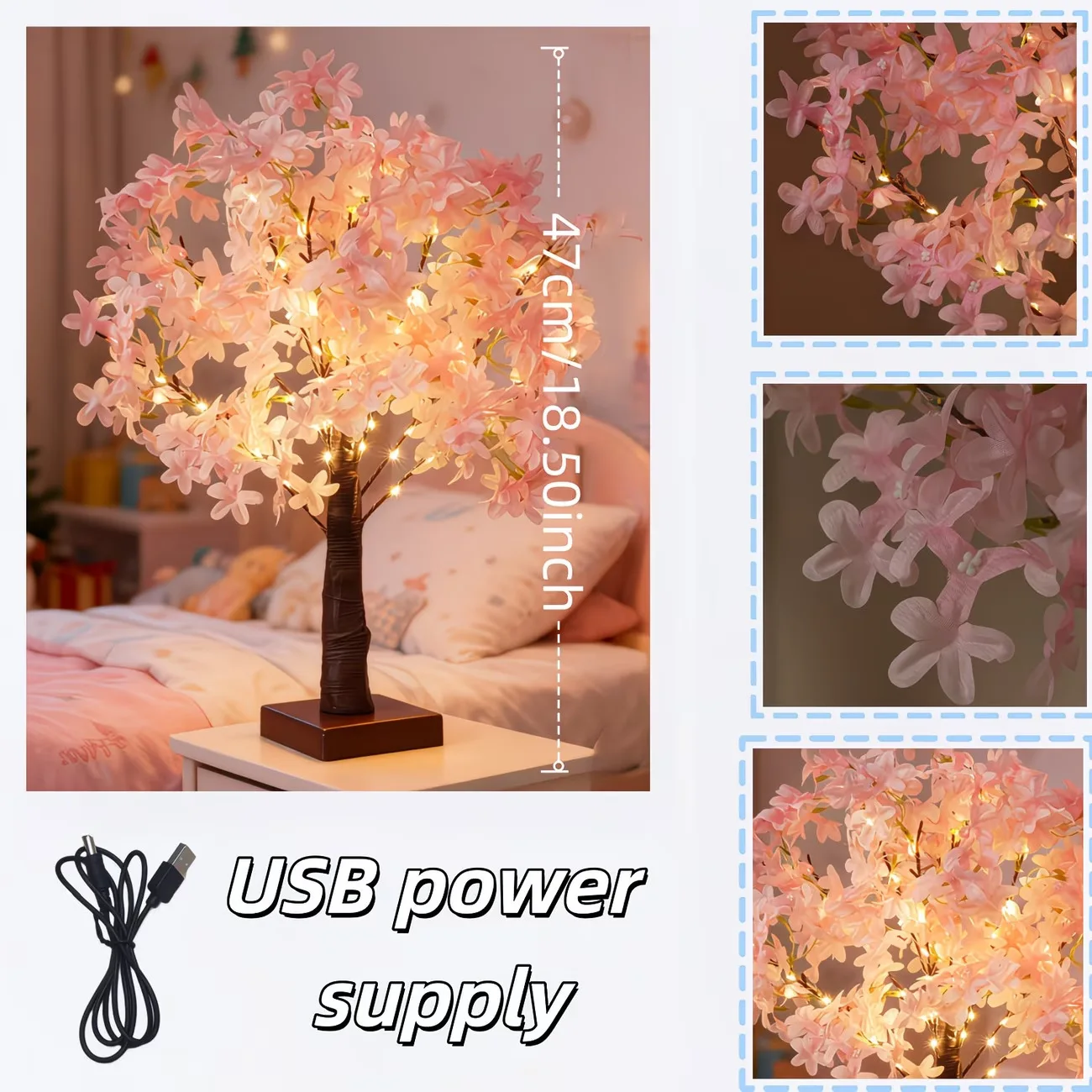 Holiday Desktop LED Tree Lamp With Artificial Flowers USB Powered Decorative Ornament Light for Bedroom Dining Table Party 42led