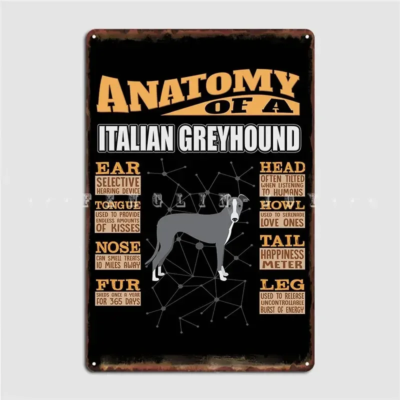Anatomy Of A Italian Greyhound Funny Metal Sign Plates Club Party Pub Garage Vintage Tin Sign Poster