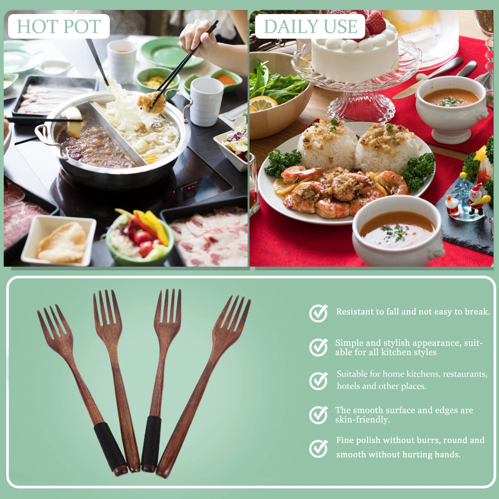

4Pcs Wooden Long Handle Fork Set Kitchen Utensils Cooking Stirring Mixing Forks Small Dining Forks for Desserts