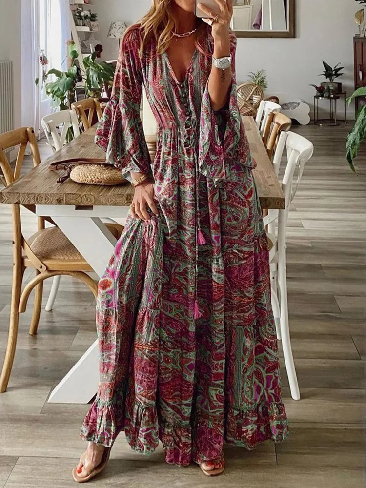 

Women's Bohemian Style Trumpet Sleeve Printed V-neck High Waisted Holiday Dress Floral Women's Long Dress Vestido S-3XL Size