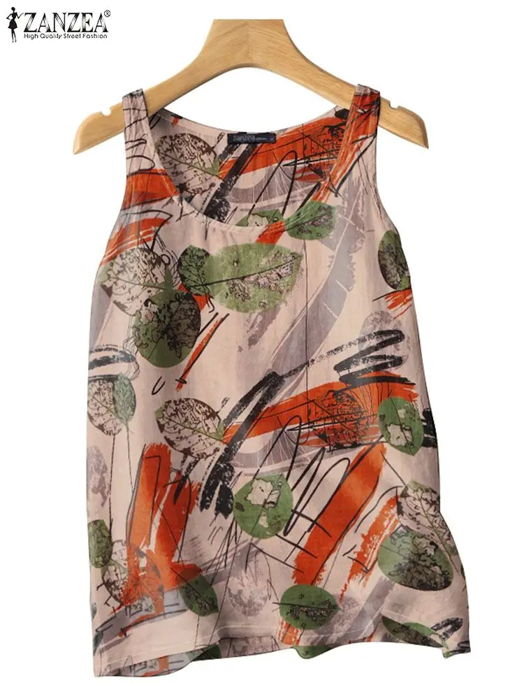 ZANZEA Summer Women Vintage Printed Tank Tops 2024 New Holiday Casual O Neck Sleeveless T-shirts Daily Loose Cotton Camis Blouse