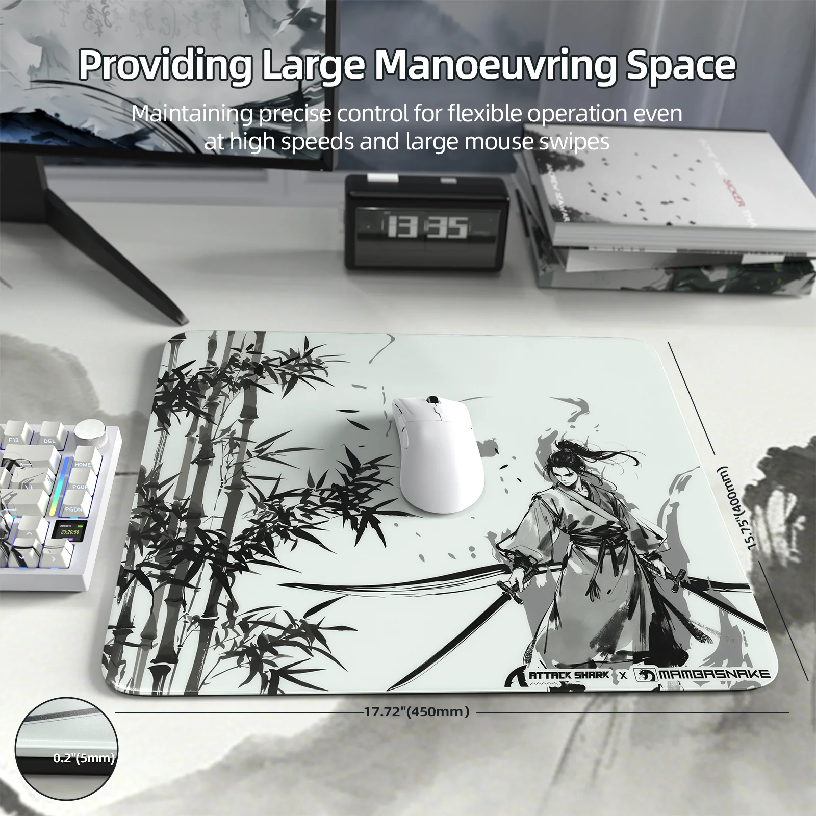 ATTACK SHARK CM05 Glass Mouse Pad, Large 17.715.7in Non-Slip 9H Hard Mat. Nano-Textured Glass Surface Boosts Precision & Speed