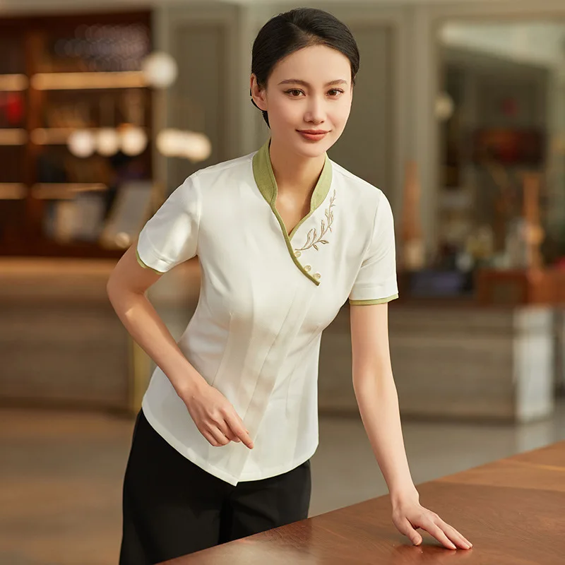 Uniforme de trabajo de camarero para casa de té, ropa de trabajo de manga corta para mujer, Catering, Hotel, restaurante chino, olla caliente, restaurante, ropa de trabajo de verano