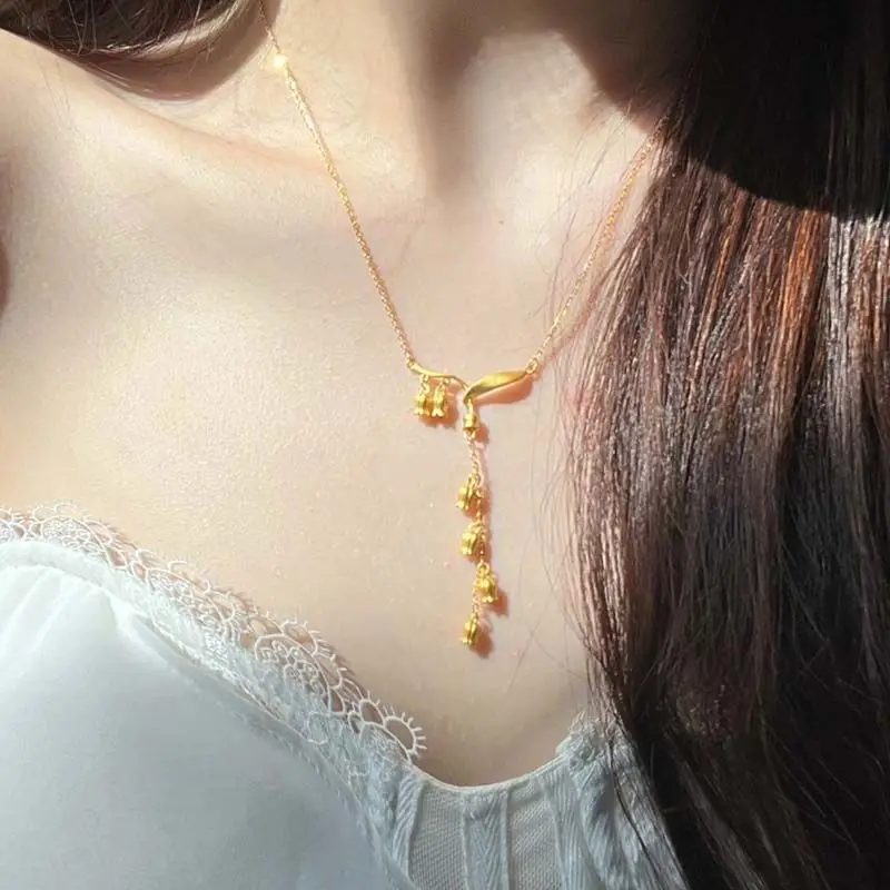 UMQ Copy 100% 999 Pure Gold Lily Set Chain Gold Flower Clavicle Chain Tassel Necklace Girlfriends Girlfriend Gift