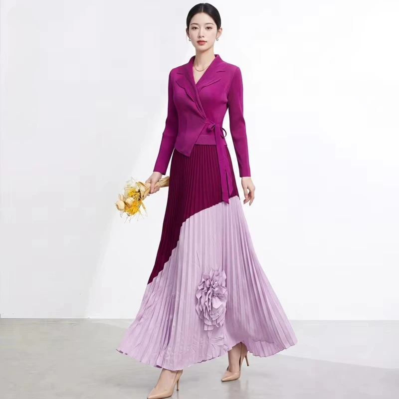 ANLAN Women Blazer Collar Wrap Tie Pleated Maxi Dress Color Block 3D Floral Applique Long Sleeve Pleated Dresses 2026 New 7A6610