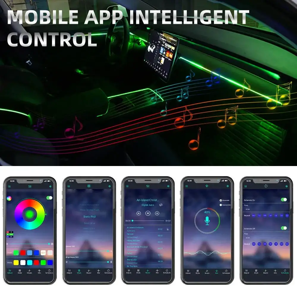 140cm/55.1 polegadas luzes ambientais do carro 1 em 1 universal LED sinfonia RGB atmosfera lâmpada USB APP remoto
