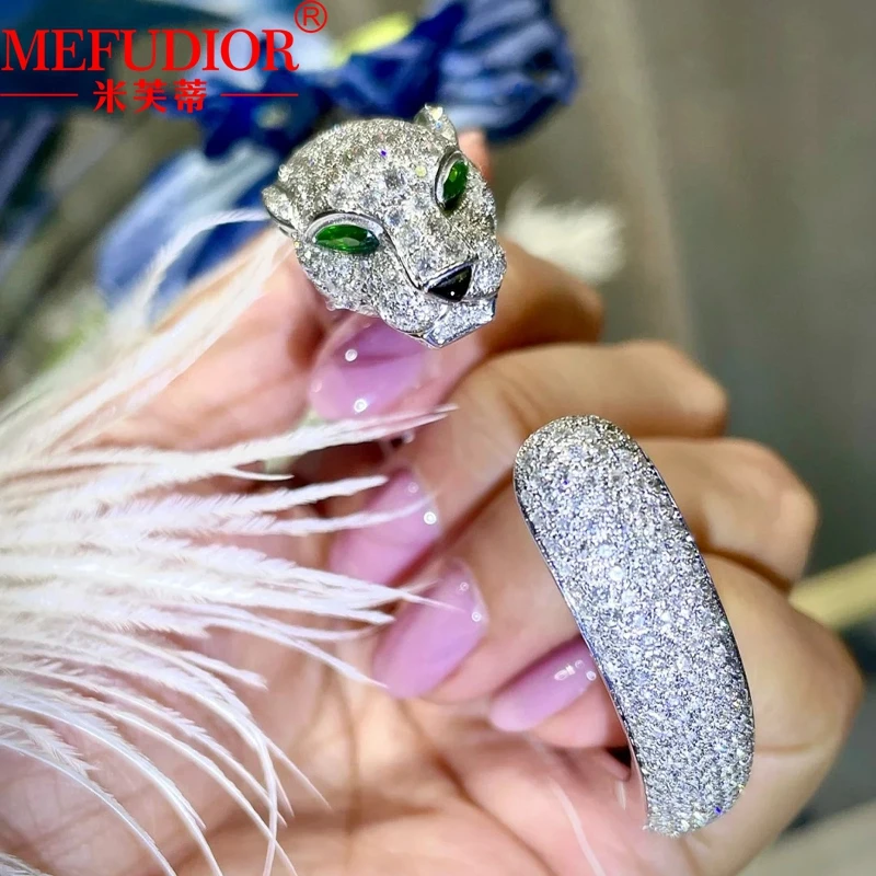 925 Sterling Silver Leopard Head Bangle for Women Moissanite Full Diamond Luxury Bracelet White Gold Colour Party Jewelry Gifts