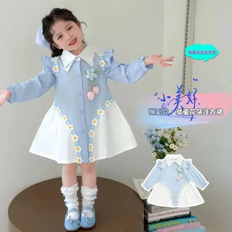 

Kawaii модные топы для девочек, студенческое весенне-осеннее повседневное платье с длинными рукавами и рисунком, платье принцессы, детская одежда