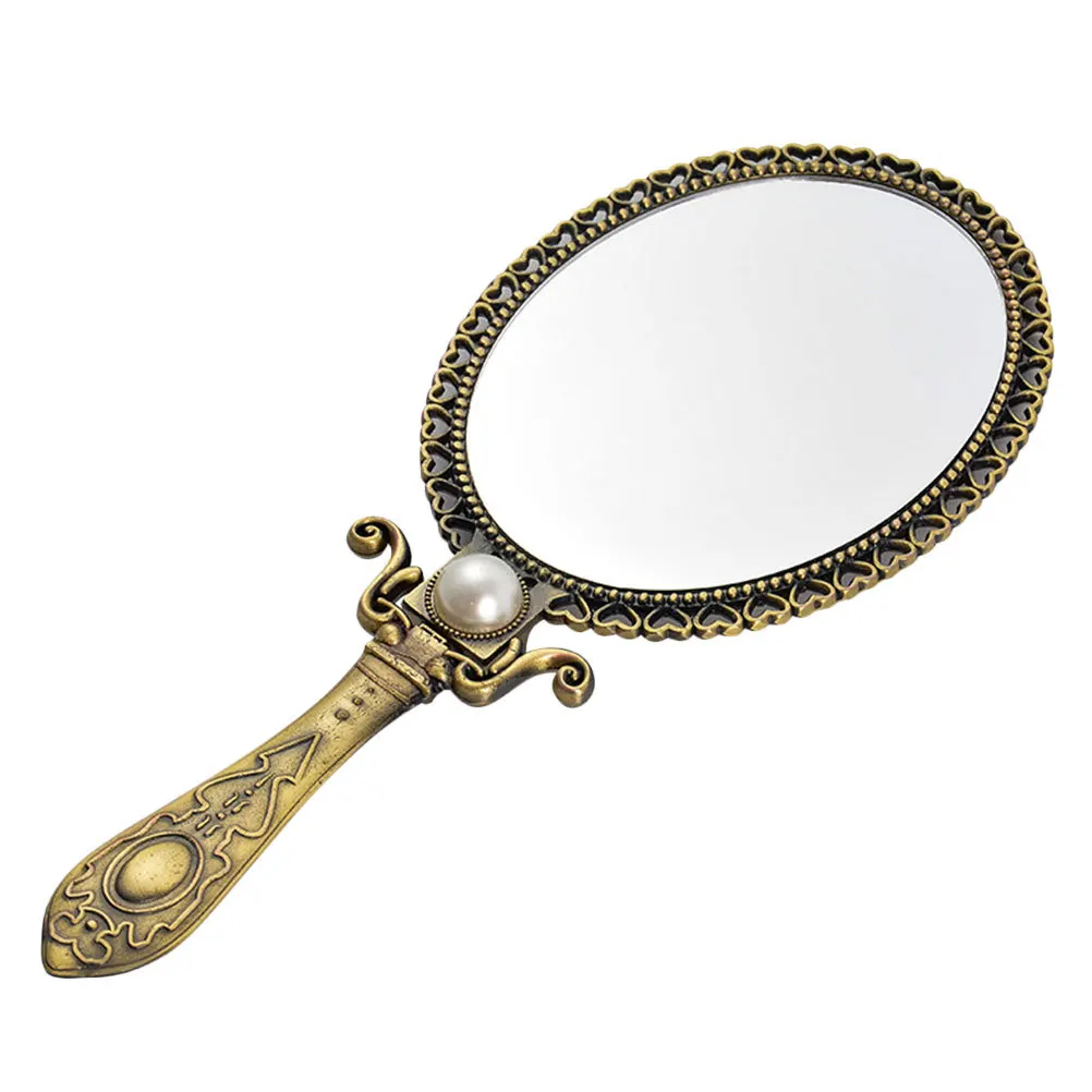 Espelho de maquiagem dupla face estilo retrô, portátil, estrutura de metal, formato oval, decorativo, espelho de beleza para meninas, presentes