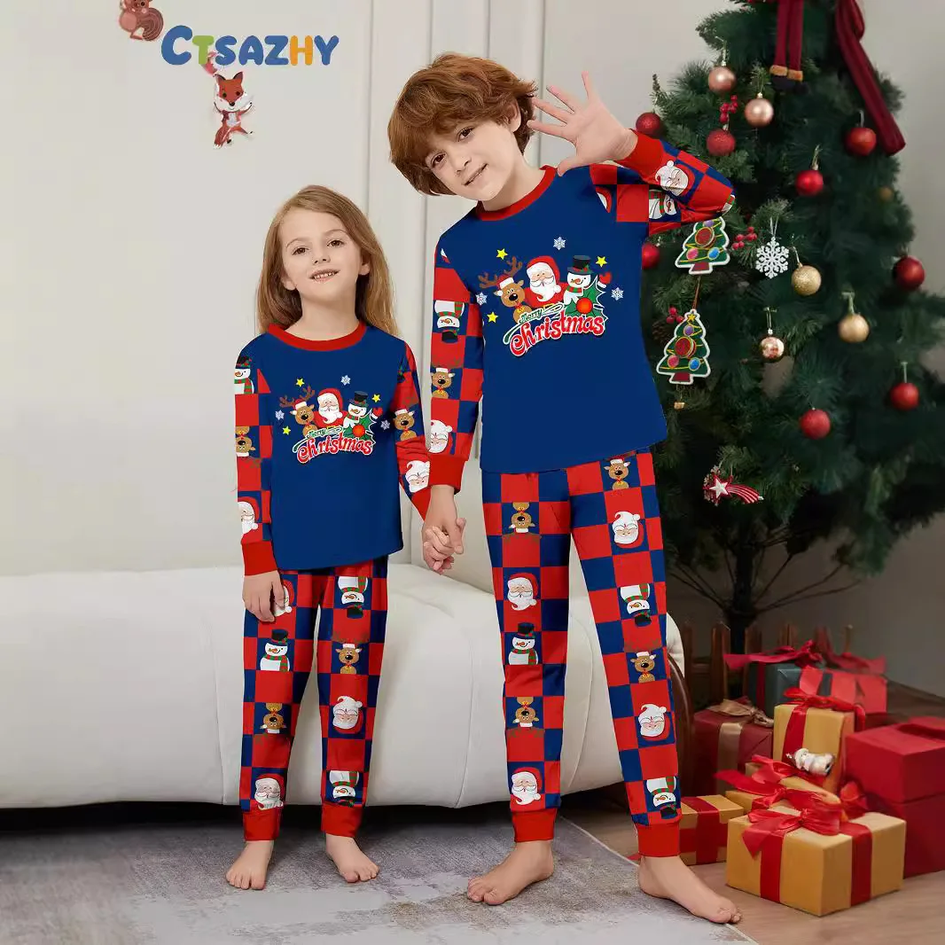

Christmas pajama family set, full-sleeved 2-piece baby jumpsuit for parents and children, cartoon letter printed home wear