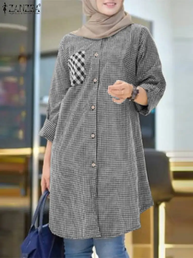 

Autumn Long Sleeve Dubai Turkey Abaya Tops ZANZEA Women Vintage Plaid Checked Long Shirt Muslim Blouse Kaftan Islamic Clothing