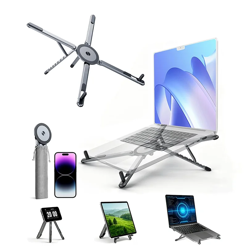 Suporte portátil e dobrável para laptop, ideal para usar na secretária. Design ergonómico, com 8 níveis de altura ajustáveis, estrutura em tripé, compatível e fácil de transportar.