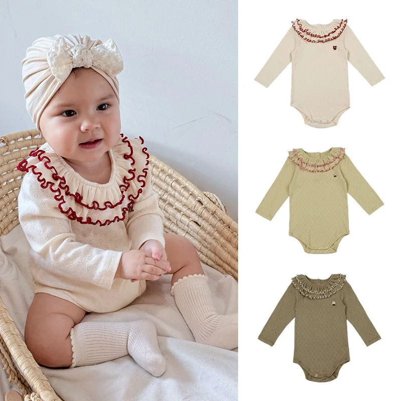 

Детское боди из чистого хлопка с длинными рукавами и рюшами на воротнике, нижняя одежда для девочек, осенний наряд, треугольный костюм на гусеничном ходу