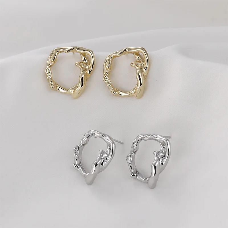 14k Gold-wrapped Temperament Cold Wind Irregular Circle Stud Earrings Silver Needle DIY Handmade Ear Jewelry Accessories