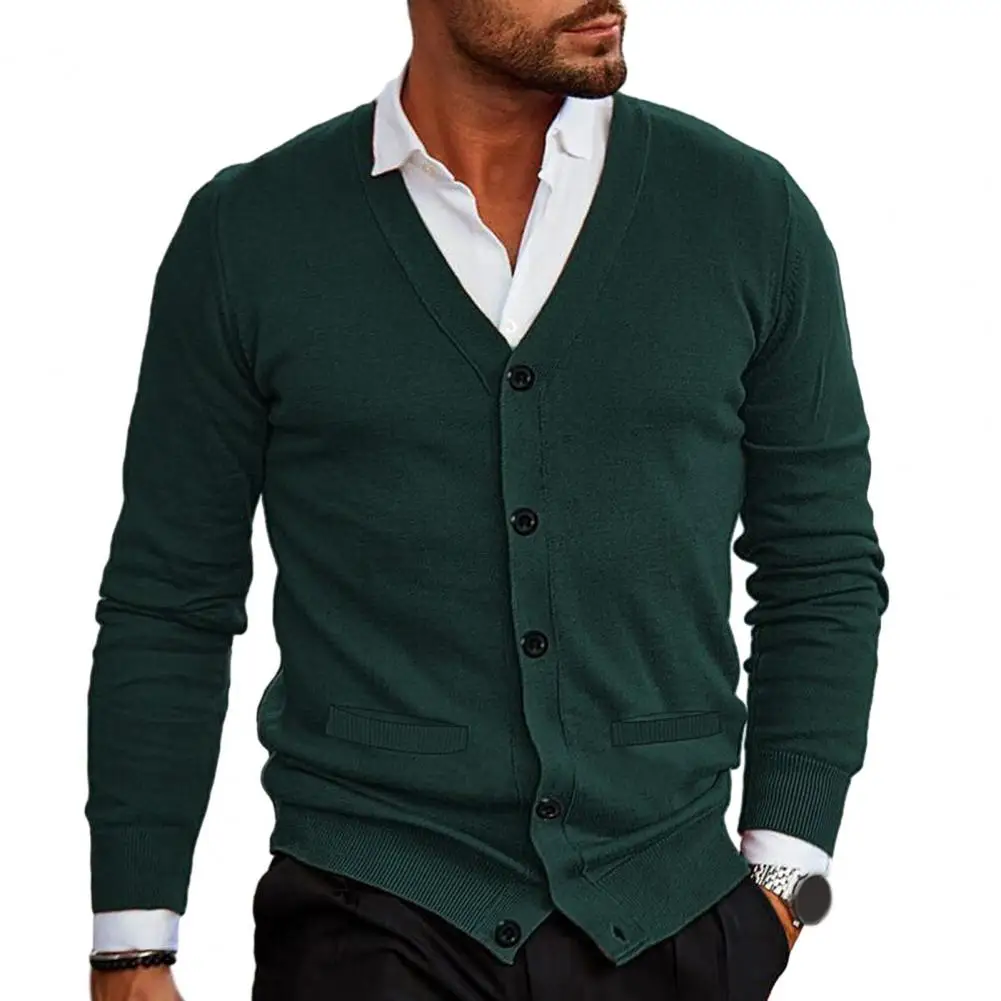 Kardigan pria Sweater V Neck Single-breasted Slim Fit rajutan elastis lembut kancing kasual hangat pria Sweater mantel erkek mont