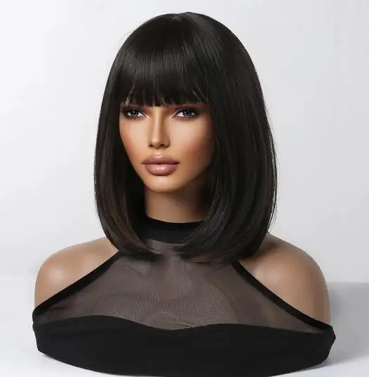 

Short Synthetic Black Wig for Women Brown Black Mixed Highlight Hair Wigs with Bangs Cosplay Party Heat Resistant Hair Daily Use