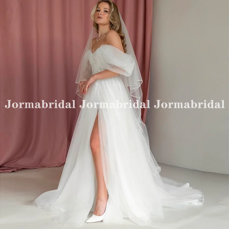 Off the Shoulder Tulle Boho Wedding Dresses Shiny Lace Appliques High Slit Bridal Gowns Lacing Back Customized suknia ślubna