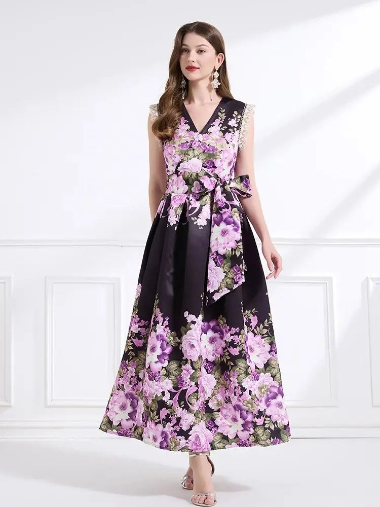 Alta qualidade flor impressão cruz com decote em v bandagem rendas até vestido envoltório para renda feminina sem mangas grosso cetim roupas femininas