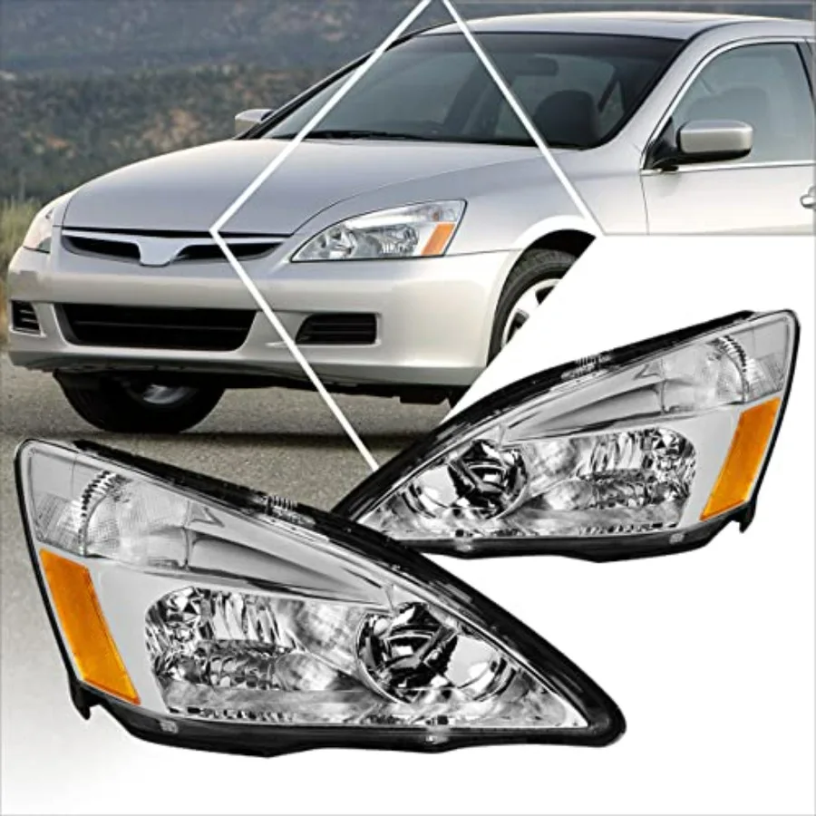 

Headlights Assembly Compatible with 2003-2007 Honda Accord Pair of Halogen Headlamps with Chrome Housing Amber Corner