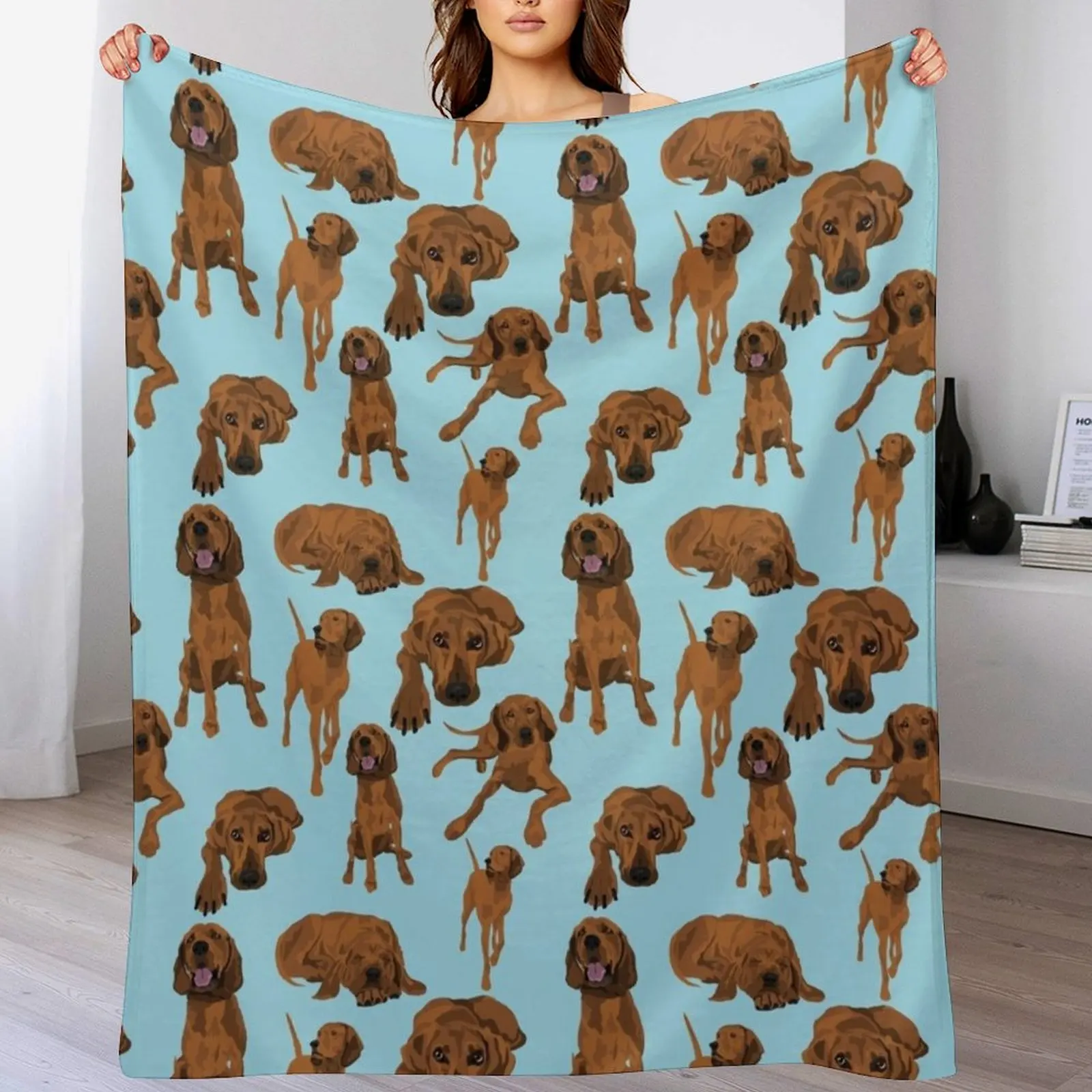 Redbone Coonhounds on Blue Throw Blanket Custom Single Decoratives Tourist Blankets