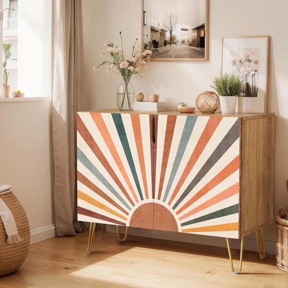 Sideboard Buffet Cabinet, Kitchen Storage with 2 Doors, Mid-Century Colorful Abstract Sunshine Wilderness
