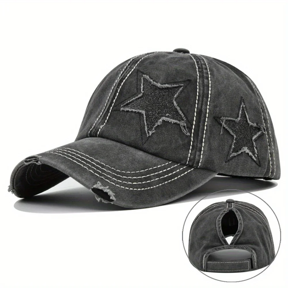 Shining Pentagram Dad Hat with Holes Fashionable Restore Ancient Ways Unisex Washed and Worn Baseball Hat Denim Hip-hop Hat