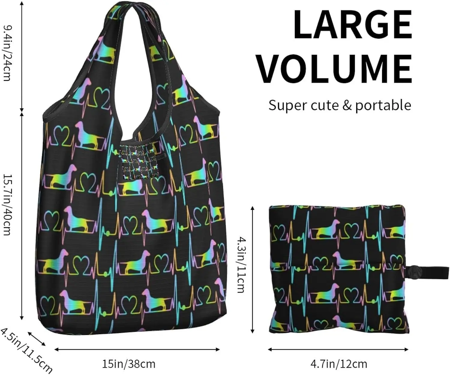 Love Dachshund Dog Reusable Grocery Bags Lifeline Shoper Bags for Women Washable Foldable Carry Pouch Tote Gift Bags Durable