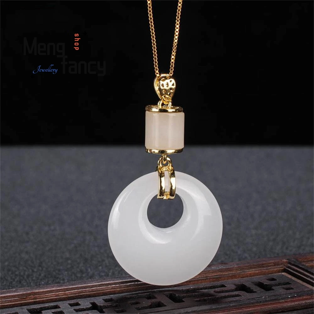 Natural Golden Thread Jade Peace Pendant White Jade Princess Button Luxury Fashion Jewelry Simple Exquisite Couple Holiday Gifts