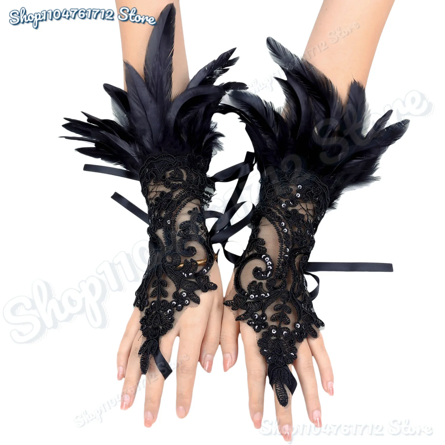موضة ريشة كم الأصفاد قفازات حفلة تأثيري الدانتيل المعصم الأصفاد الفراء كم فروي اكسسوارات كرنفال عرض مسرحي زي