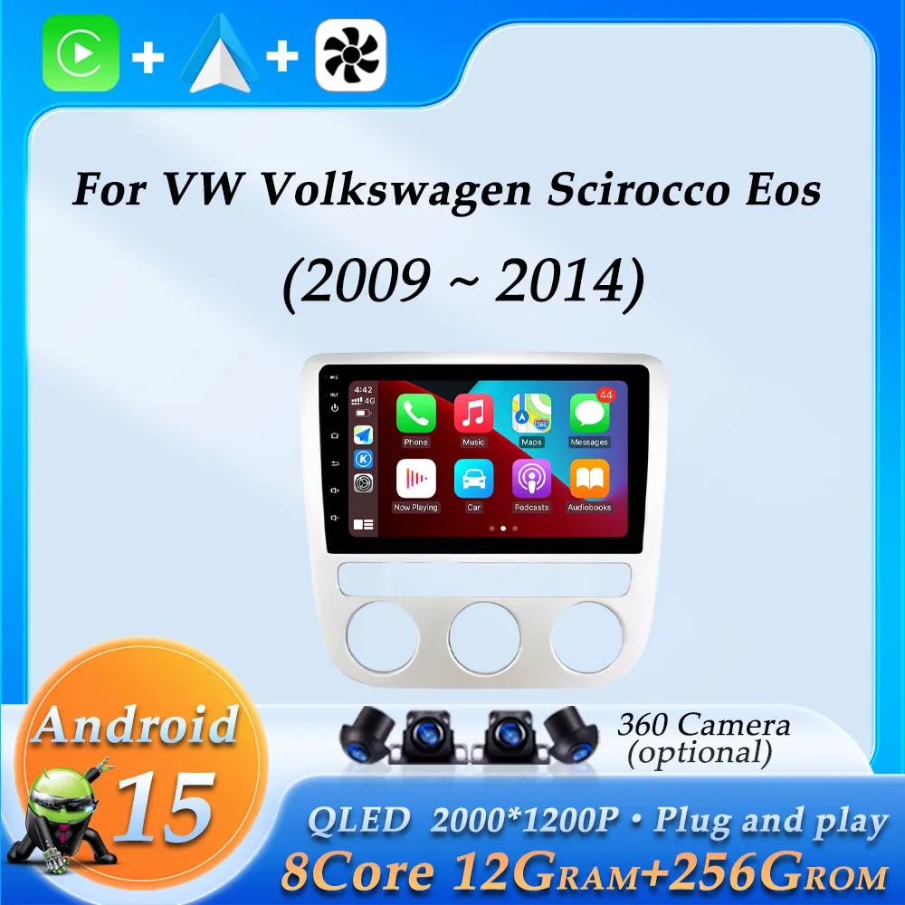 أندرويد 15 ل Volkswagen VW Scirocco Eos 2009 - 2014 اللاسلكية CarPlay راديو السيارة فيديو الصوت مشغل وسائط متعددة لتحديد المواقع والملاحة BT