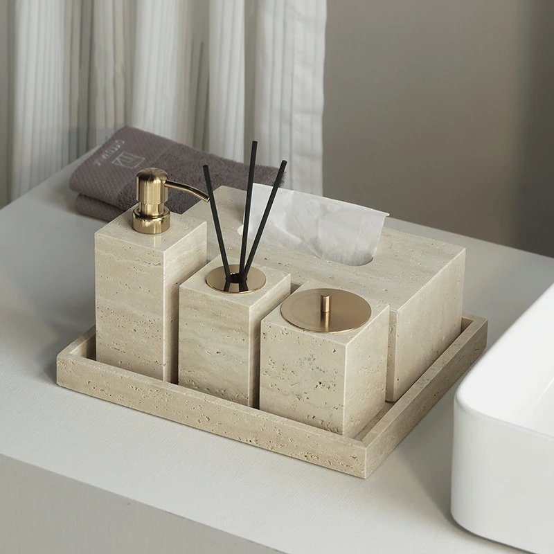 

Набор аксессуаров для ванной из травертина: роскошная мыльница, дозатор для мыла, диффузор, коробка для салфеток, поднос, комплект для ванной комнаты