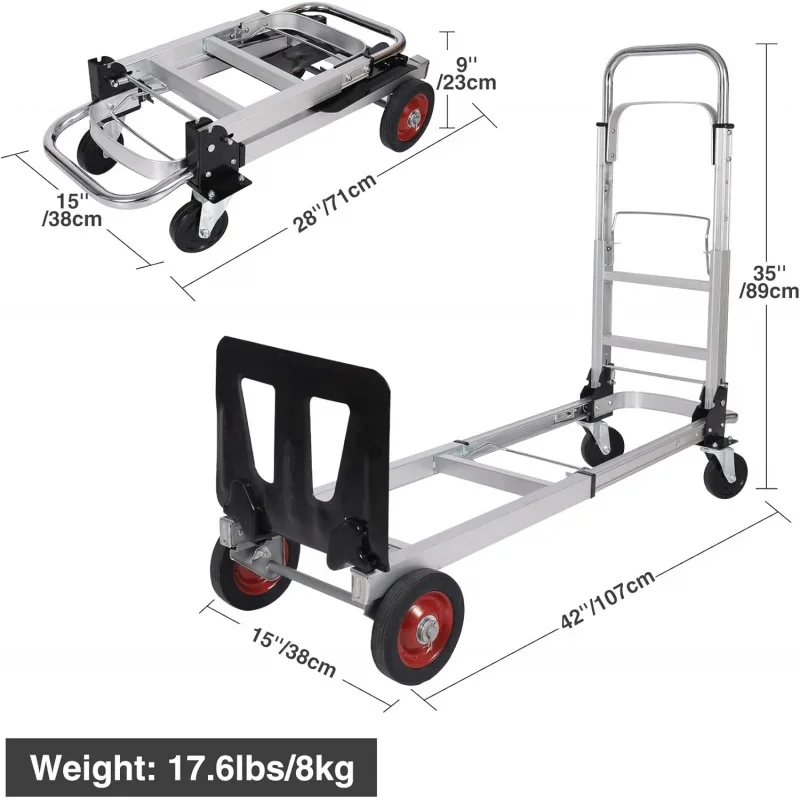 Folding Dolly, Aluminum Convertible Hand Truck with 4 Wheels, 2 in 1Heavy Duty Hand Truck Cart(Silver)