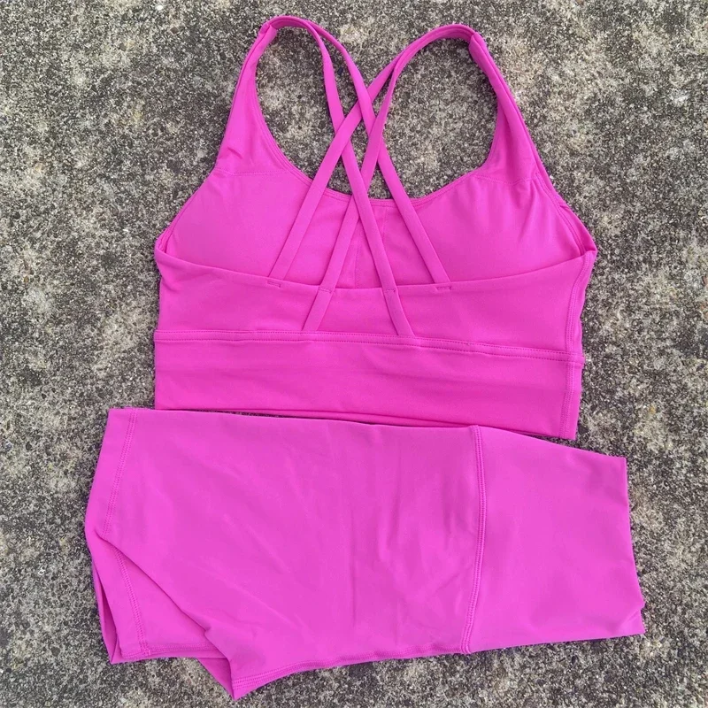 

Solid Color Women Soft Gym Yoga Set Cycling Short Legging 2pc Cross Sport Bra Tracksuit Suit Comprehensive Training Jog Athletic