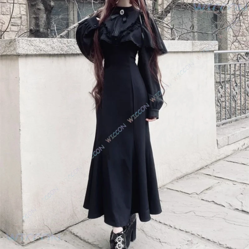 Jirai Kei فستان طويل النمط الياباني Kawaii Y2K جميع الأسود مقوس دانتيل لوليتا كم طويل نحيف القوطية الخصر حفلة النساء الفتيات الزي