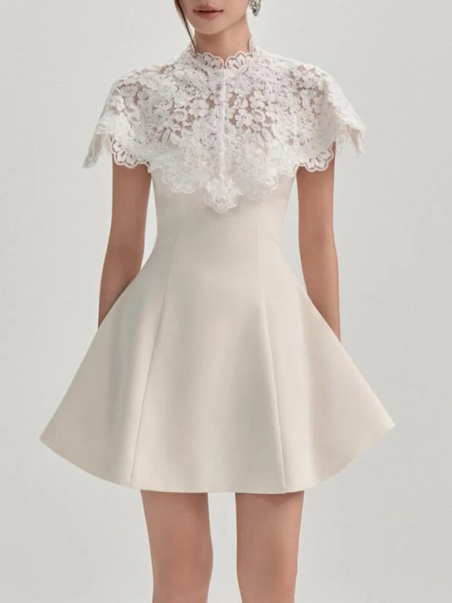 TWOTWINSTYLE Solid Slimming Elegant Dresses for Women Strapless Sleeveless High Waist Patchwork Lace Shawl Dress Female Clothing